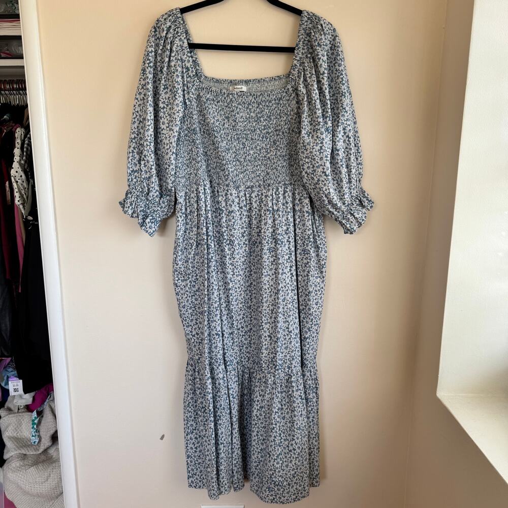 Madewell Blue Floral Smocked Midi Dress